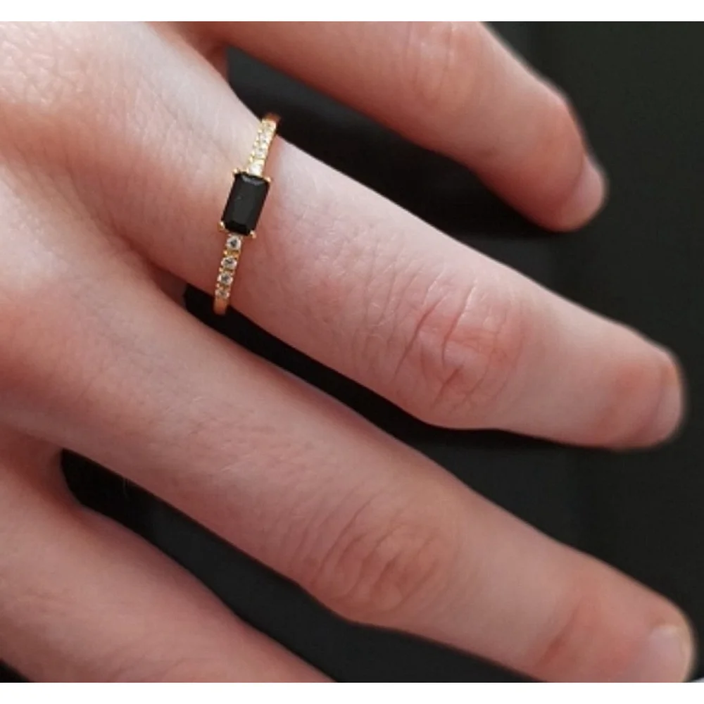 NEW Women's‎ 18k Gold Plated Sterling Baguette Black Onyx Simulated Diamond Ring